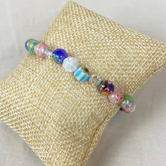 Aurora Borealis Crystal & Floral Colorful Glass Bead Bracelet 925 Silver Toggle - Picture 10 of 10